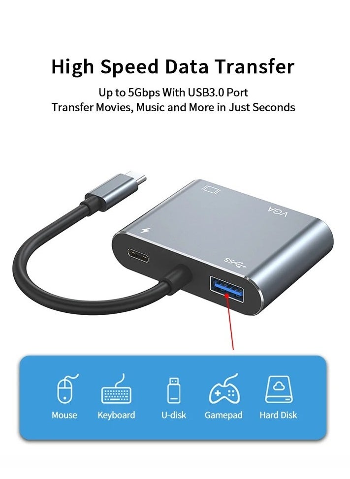 محول ZERO 4IN1 TYPE-C مع منفذ HDTV بدقة 4K وVGA وUSB 3.0 وPD – رمادي