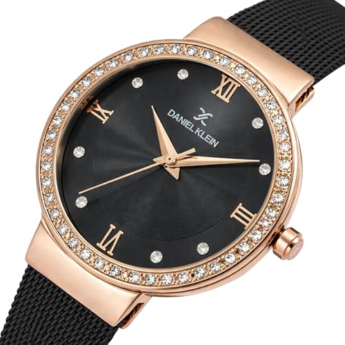 Daniel Klein Analog Black Round Dial Rose Gold Case Black Mesh Strap Stone-Studded Water-Resistant Wrist Watch for Women Girls, Ladies DK11683-5 - Image 3