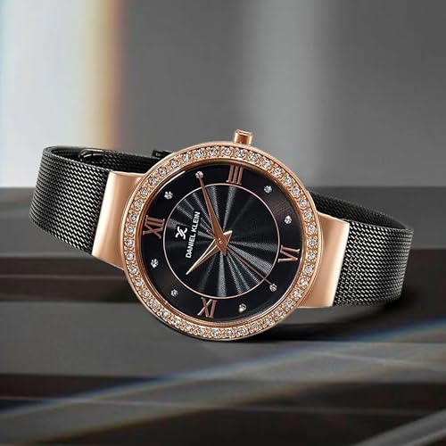 Daniel Klein Analog Black Round Dial Rose Gold Case Black Mesh Strap Stone-Studded Water-Resistant Wrist Watch for Women Girls, Ladies DK11683-5 - Image 2