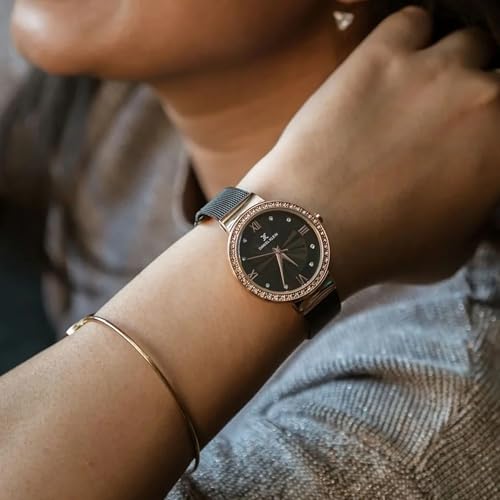 Daniel Klein Analog Black Round Dial Rose Gold Case Black Mesh Strap Stone-Studded Water-Resistant Wrist Watch for Women Girls, Ladies DK11683-5 - Image 5