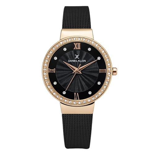 Daniel Klein Analog Black Round Dial Rose Gold Case Black Mesh Strap Stone-Studded Water-Resistant Wrist Watch for Women Girls, Ladies DK11683-5 - Image 1