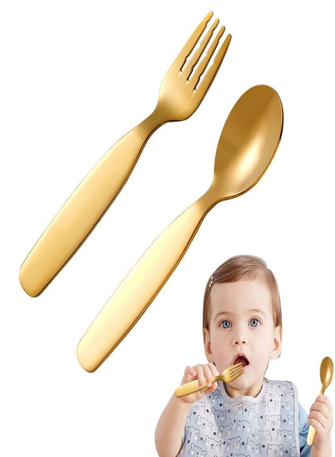 Supvox® Spoon and Fork for Kids 304 Stainless Steel Spoon and Fork for Toddlers, Child-Friendly Fork with Serrated Tong Golden Spoon and Fork Self-Feeding Learning Spoon and Fork for Toddlers - Image 1