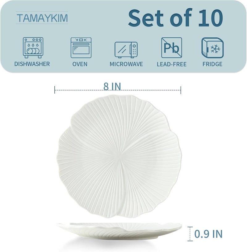 TAMAYKIM TAMAYKIM 8 Versatile Inch Porcelain Appetizer Salad  Dessert Plates Set of 10  MultiUse Small Dinnerware for Tapas Cakes Side Dishes  MicrowaveDishwasher Safe Lotus Leaf Pattern White  - Image 2