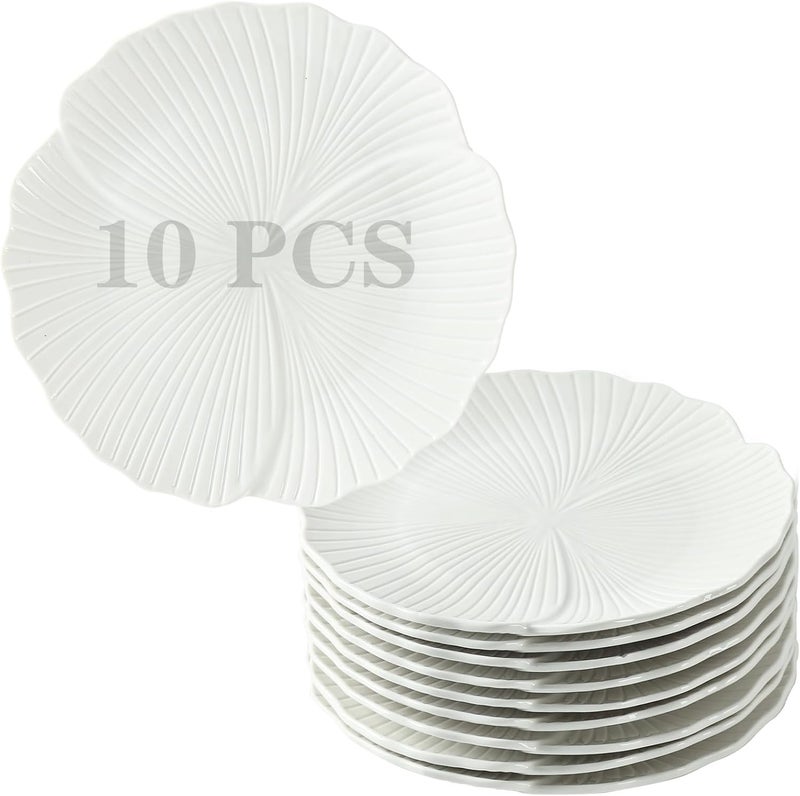 TAMAYKIM TAMAYKIM 8 Versatile Inch Porcelain Appetizer Salad  Dessert Plates Set of 10  MultiUse Small Dinnerware for Tapas Cakes Side Dishes  MicrowaveDishwasher Safe Lotus Leaf Pattern White  - Image 1