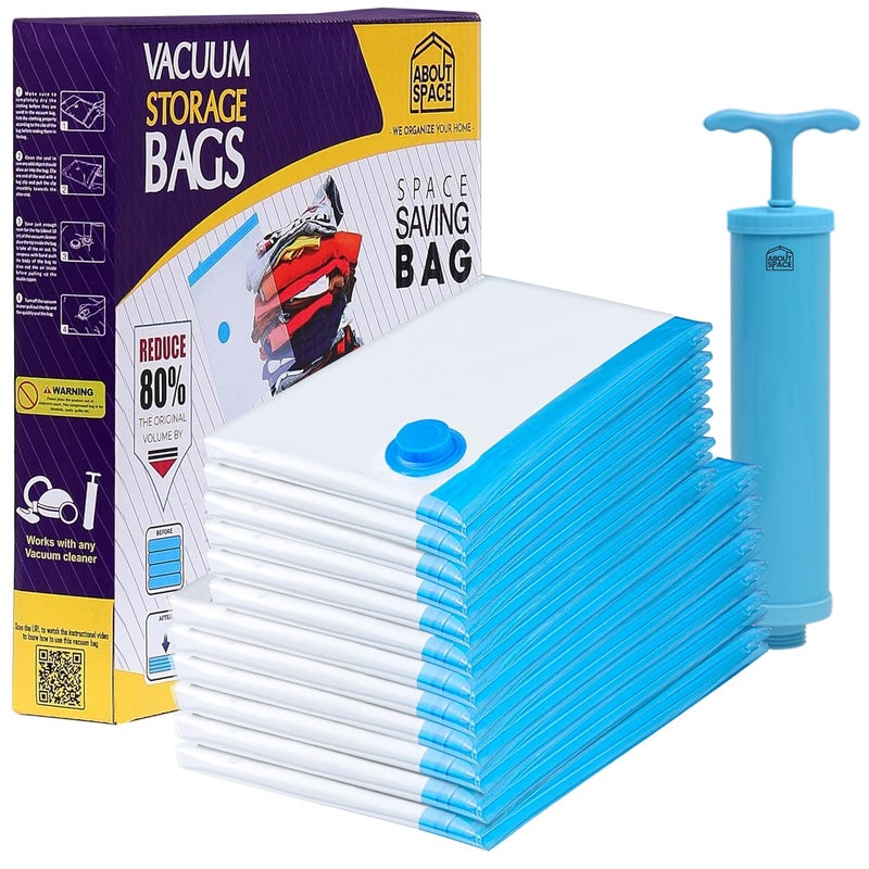 ABOUT SPACE polyethylene 12 Pack Vacuum Bags for Travel with Hand Pump 6 Jumbo6 Large Airtight Reusable SPACE Saver Compression Storage Bags for Packing PPBlue - Image 1