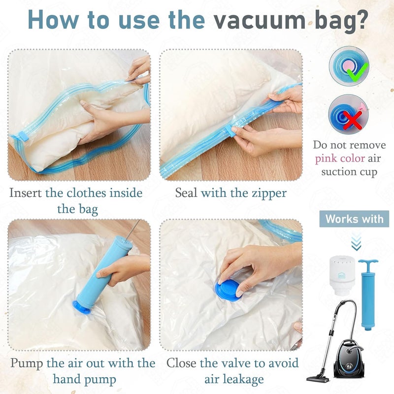 ABOUT SPACE polyethylene 12 Pack Vacuum Bags for Travel with Hand Pump 6 Jumbo6 Large Airtight Reusable SPACE Saver Compression Storage Bags for Packing PPBlue - Image 5