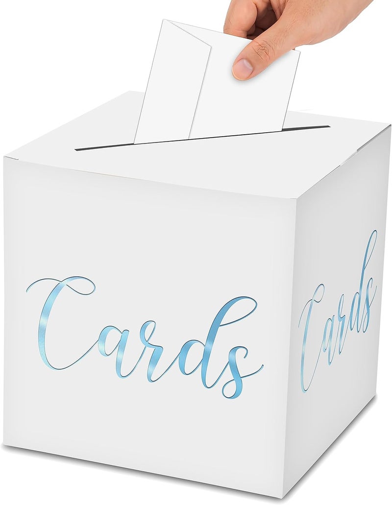 AWSICE Classic Elegant Card Box – 1 Set Hot Stamping Card Receiving Box for Gift Envelope Money – Wedding Bridal Baby Shower Birthday Graduation Party Supplies Decorations ( 8"*8"*8", Baby Blue and Gold)-A10 - Image 1