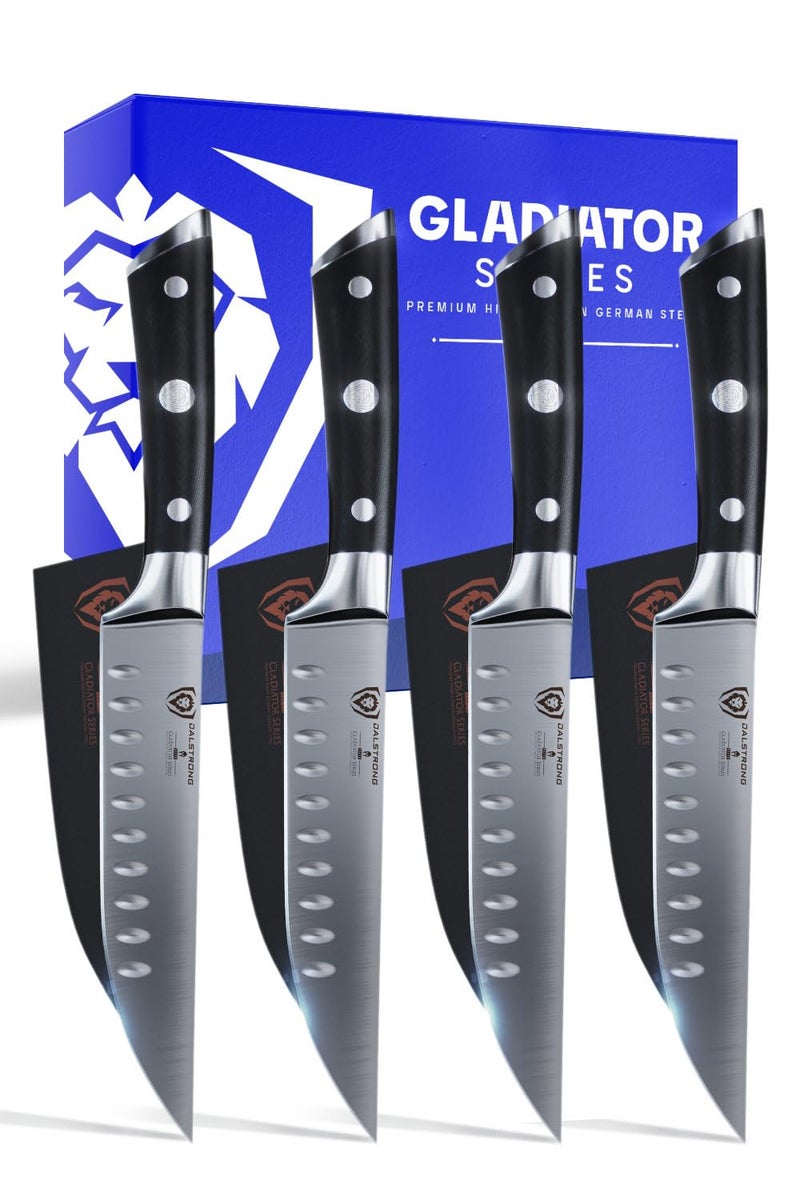 Dalstrong Steak Knife Set 4Piece 5 inch Straight Gladiator Series Elite Forged German HighCarbon Steel Black G10 Handle Sheaths Dinner Set NSF Certified