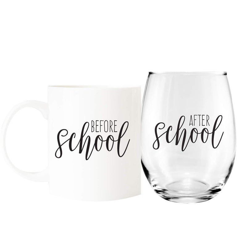 Canopy Street Before SchoolAfter School Coffee Mug And Stemless Wine Cup Gift SetTeacher AppreciationDaycare Provider Thank YouBack to Schools Drinkware