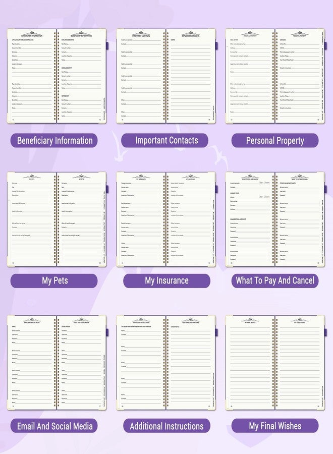مخطط نهاية الحياة، منظم تخطيط التركة مع فواصل لكبار السن، كتاب تخطيط جنازة حلزوني بخط كبير، واقيات زوايا ذهبية وجيب داخلي لإعداد الوصية، 7.36 بوصة × 10.4 بوصة، بنفسجي - Image 5