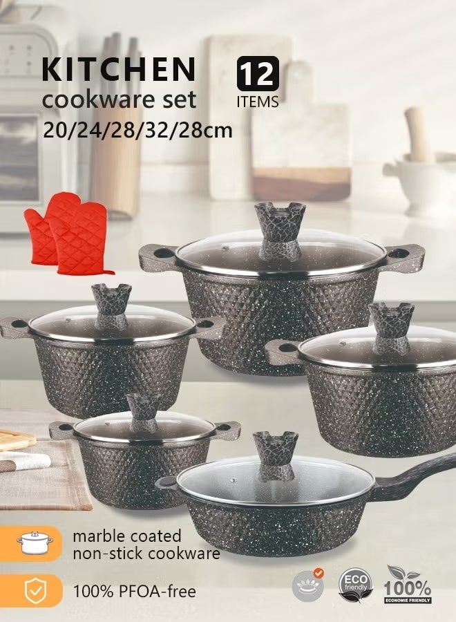 HK 12-Piece Kitchen Cookware set, Casserole Set And Frying Pan With Non Stick Cookware sets ,Finish Glass lid PFOA-Free 20-24-28-32 cm (Deep Stockpot) + 28 cm (deep Frying Pan)+ Pair Of Gloves（Black） - Image 1