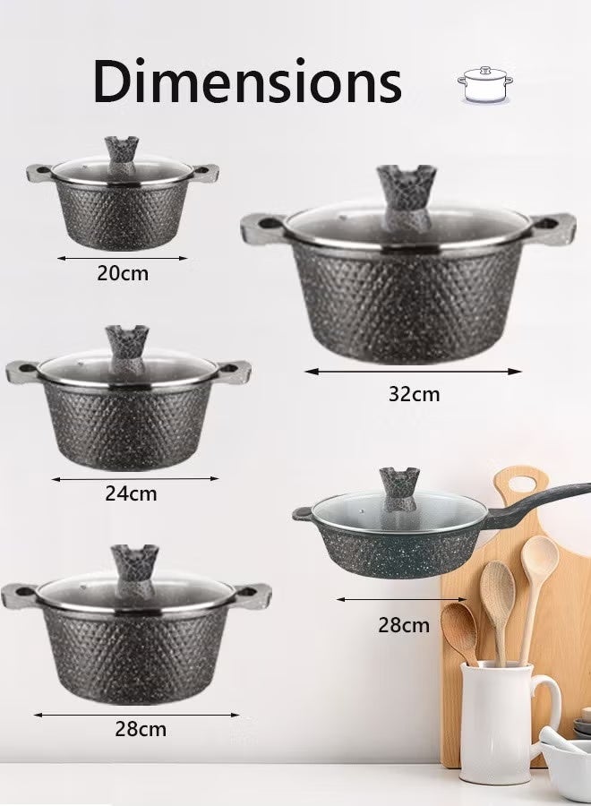 HK 12-Piece Kitchen Cookware set, Casserole Set And Frying Pan With Non Stick Cookware sets ,Finish Glass lid PFOA-Free 20-24-28-32 cm (Deep Stockpot) + 28 cm (deep Frying Pan)+ Pair Of Gloves（Black） - Image 2