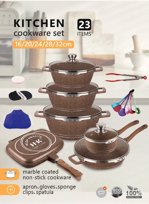 23-piece Kitchen Cookware Set, Casserole Set And Frying Pan, With Non-stick Cookware Set, Glass Lid, Pfoa-free 16cm Mmilk Pan + 20-24-28cm Casserole + 28cm Wok + 32cm Double-sided Frying Pan + 10 Kichen Item(Brown）
