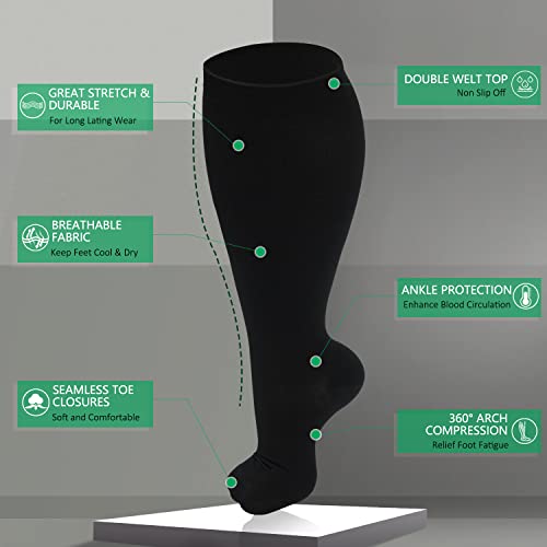 CTHH 3 Pack Wide Calf Compression Socks for Women & Men, Plus Size Knee High Stocking for Circulation Support, Black L/XL - Image 5