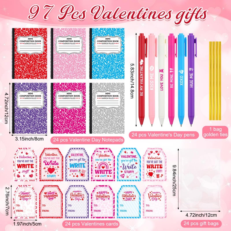 Pajean 96 Pcs Valentine's Day Stationery Set 24 Valentine's Day Notebooks with 24 Pens 24 Cards 24 Gifts Bags for Home Valentines Exchange Gifts School Classroom Office Party Favors Supplies - Image 2