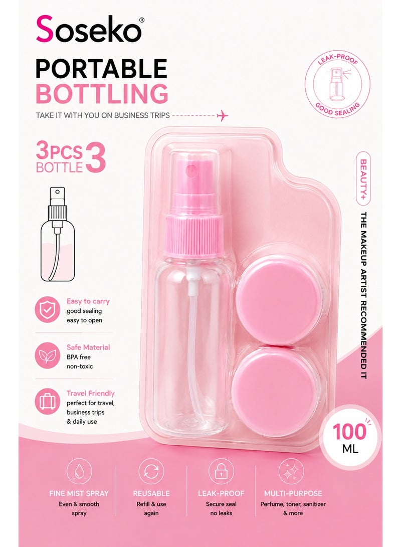 Soseko 3-Piece Portable Travel Refillable Bottle Set for Cosmetics and Toiletries