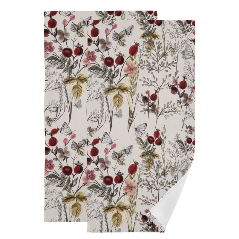 HATESAH 2 Pack Vintage Floral Leaves Hand Towels for Bathroom,Soft Absorbent Spring Burgundy Red Wildflower Butterfly Decorative Guest Face Bathroom Towels,Quick Dry Farmhouse Kitchen Towels 14"x28" - Image 1