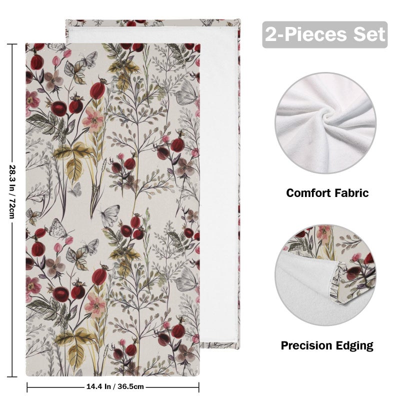 HATESAH 2 Pack Vintage Floral Leaves Hand Towels for Bathroom,Soft Absorbent Spring Burgundy Red Wildflower Butterfly Decorative Guest Face Bathroom Towels,Quick Dry Farmhouse Kitchen Towels 14"x28" - Image 2