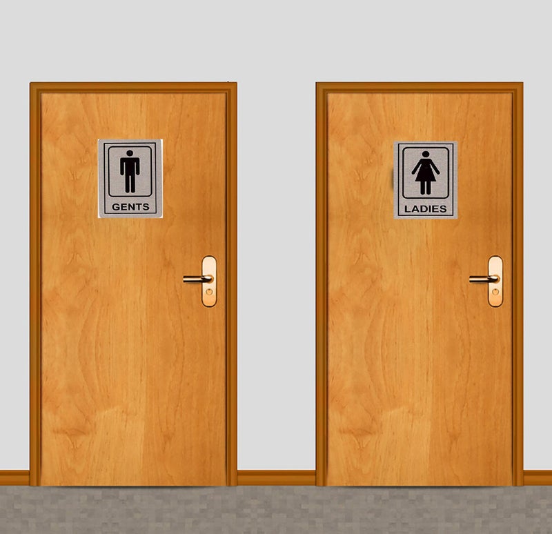 DEZIINE 1 Set Of Gents and Ladies(Vertical) Stainless Steel Self Adhesive Gents and Ladies Toilet or Restroom Signage Board Combo, 6x4-inch (Metallic) - Image 3