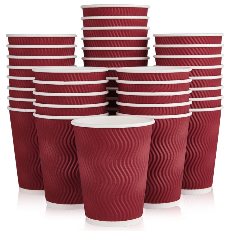 JollyPack 60 Pack 12 oz Paper Coffee Cups Wine Red Disposable Beverage Cups with Insulated Ripple Wall for Coffee Tea and Hot Chocolate