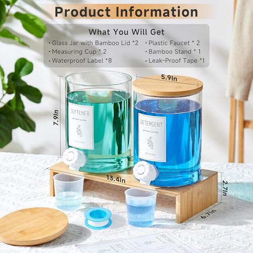KitHero Glass Laundry Detergent Dispenser with Shelf & Bamboo Lid - 120 Oz Liquid Detergent, Laundry Soap & Fabric Softener Dispenser for Laundry Room Organization and Storage with 2 Cups & 8 Labels - Image 3