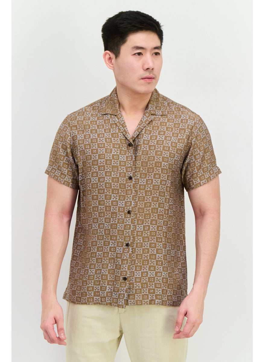 Jack Jones Men Comfort Fit Allover Printed Short Sleeves Casual Shirt, Sand Brown Combo  - Image 1