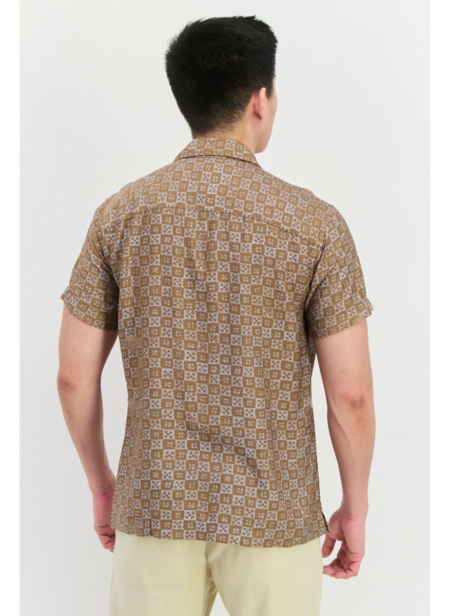 Jack Jones Men Comfort Fit Allover Printed Short Sleeves Casual Shirt, Sand Brown Combo  - Image 3