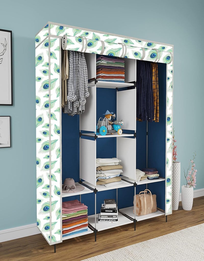 Whitecloud TRANSFORMING HOMES Whitecloud TRANSFORMING HOMES Printed Collapsible Wardrobe Almira for Clothes 2 Hanging Space 8 Shelves 1 Side Pocket NonWoven Fabric 100 GSM 30003 Peacock Blue  - Image 1