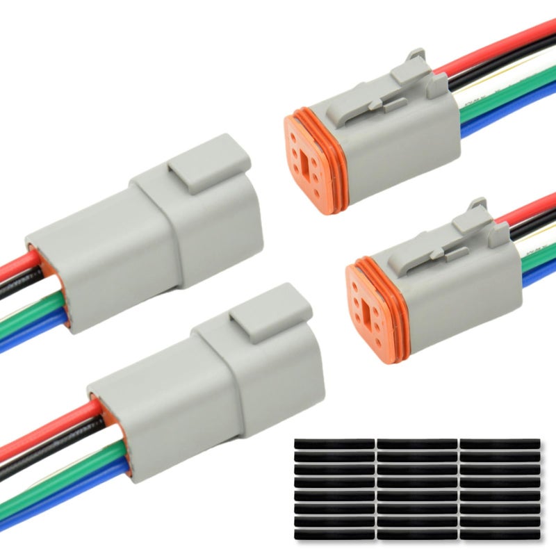 ALFOCI 2 Set 6 Pin DT Deustch Waterproof Automotive Electrical Butt Connector with 16AWG 40105 600V Wires and Heat Shrink Tubes Connectors Kit for Car Truck Boat E 6Pin Wiring 2Pair - Image 3
