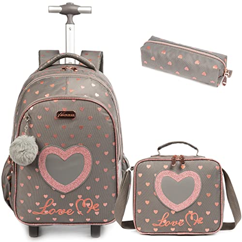 Egchescebo Kids Love Heart Rolling Backpack for Girls Suitcases Trolley Backpacks with Wheels Roller Luggage on Wheels with Lunch Box Pencil Case for Elementary Travel School Bag Coffee - Image 1