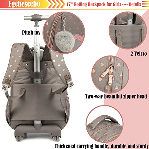 Egchescebo Kids Love Heart Rolling Backpack for Girls Suitcases Trolley Backpacks with Wheels Roller Luggage on Wheels with Lunch Box Pencil Case for Elementary Travel School Bag Coffee - Image 4
