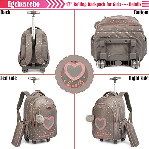 Egchescebo Kids Love Heart Rolling Backpack for Girls Suitcases Trolley Backpacks with Wheels Roller Luggage on Wheels with Lunch Box Pencil Case for Elementary Travel School Bag Coffee - Image 3