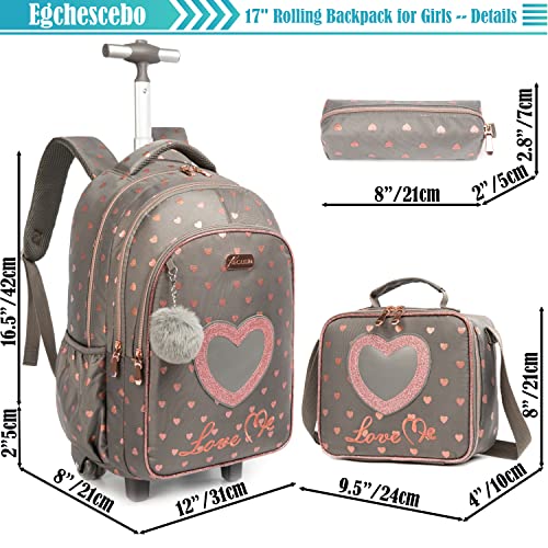 Egchescebo Kids Love Heart Rolling Backpack for Girls Suitcases Trolley Backpacks with Wheels Roller Luggage on Wheels with Lunch Box Pencil Case for Elementary Travel School Bag Coffee - Image 2