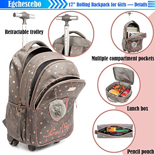 Egchescebo Kids Love Heart Rolling Backpack for Girls Suitcases Trolley Backpacks with Wheels Roller Luggage on Wheels with Lunch Box Pencil Case for Elementary Travel School Bag Coffee - Image 5