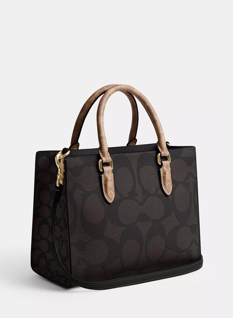 coachoutlet حقيبة توت صغيرة ماغي من كوتش في جلد مميز، حقيبة كتف نسائية، حقيبة عبر الجسم نسائية، حقيبة يد نسائية، حقيبة سفر نسائية، جوز الهند-أسود-25 سم - Image 4