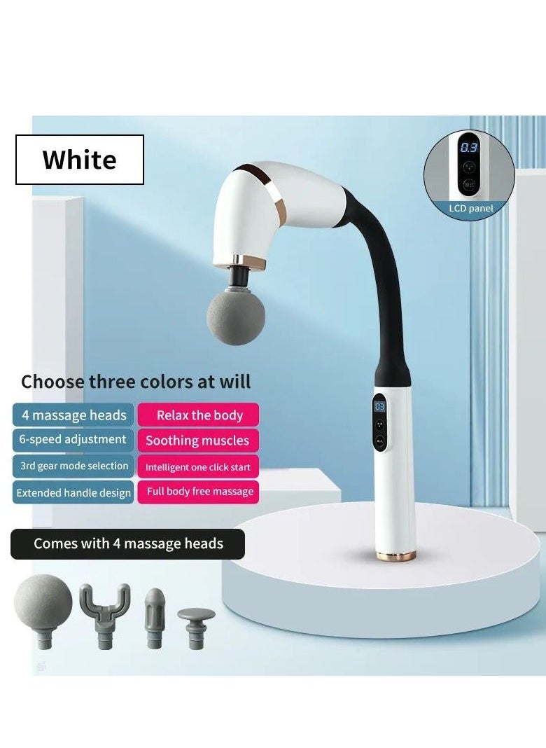 Massager with Extended Handle Revolutionary U-Shaped Back Massager For Pain Relief Deep Tissue Body Massage Hammer For Neck Shoulder Leg Reach Every Muscle with Ease , 6 speed intelligent variable , 4 professional level massage heads - White