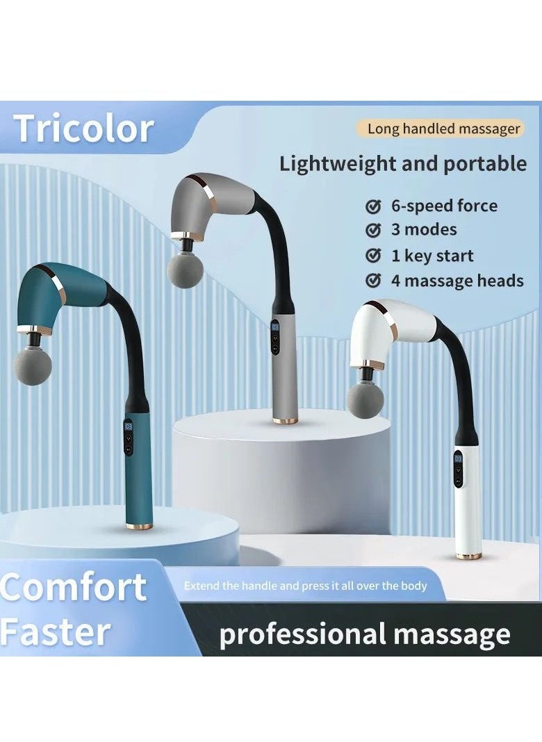 Massager with Extended Handle Revolutionary U-Shaped Back Massager For Pain Relief Deep Tissue Body Massage Hammer For Neck Shoulder Leg Reach Every Muscle with Ease , 6 speed intelligent variable , 4 professional level massage heads - White