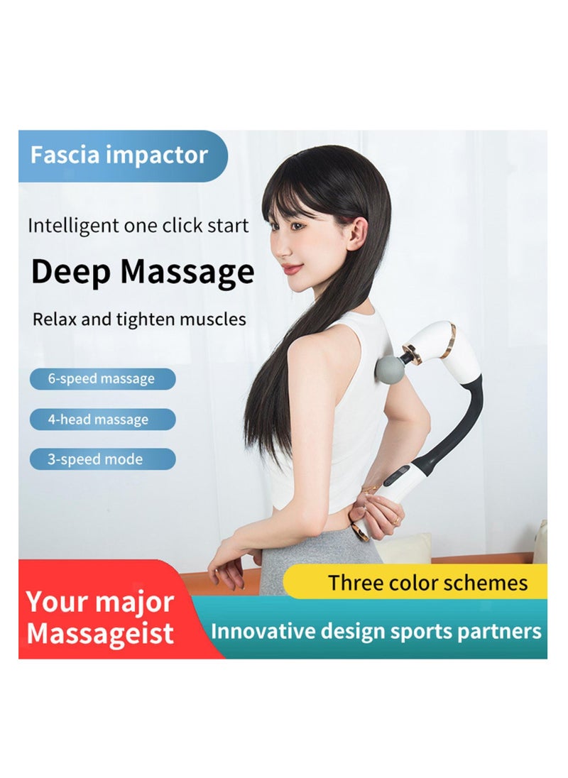 Massager with Extended Handle Revolutionary U-Shaped Back Massager For Pain Relief Deep Tissue Body Massage Hammer For Neck Shoulder Leg Reach Every Muscle with Ease , 6 speed intelligent variable , 4 professional level massage heads - White