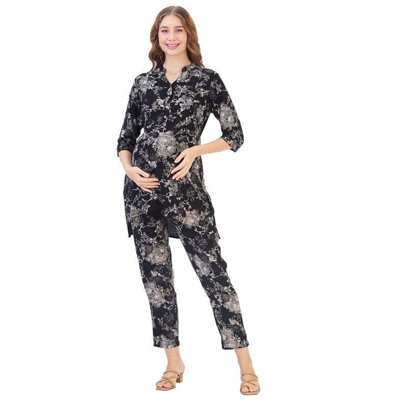 AV2 Store Women Cotton Maternity|Nursing|Feeding Printed Tunic & Bottom Coord Set Black Small 2426 - Image 1