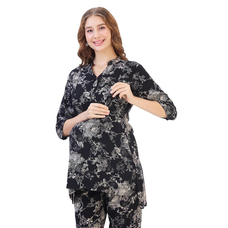 AV2 Store Women Cotton Maternity|Nursing|Feeding Printed Tunic & Bottom Coord Set Black Small 2426 - Image 4