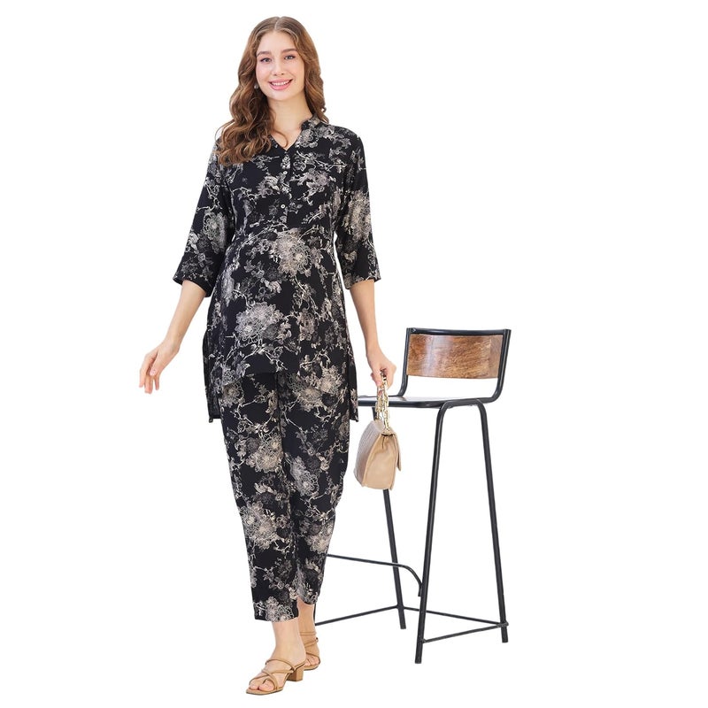 AV2 Store Women Cotton Maternity|Nursing|Feeding Printed Tunic & Bottom Coord Set Black Small 2426 - Image 5