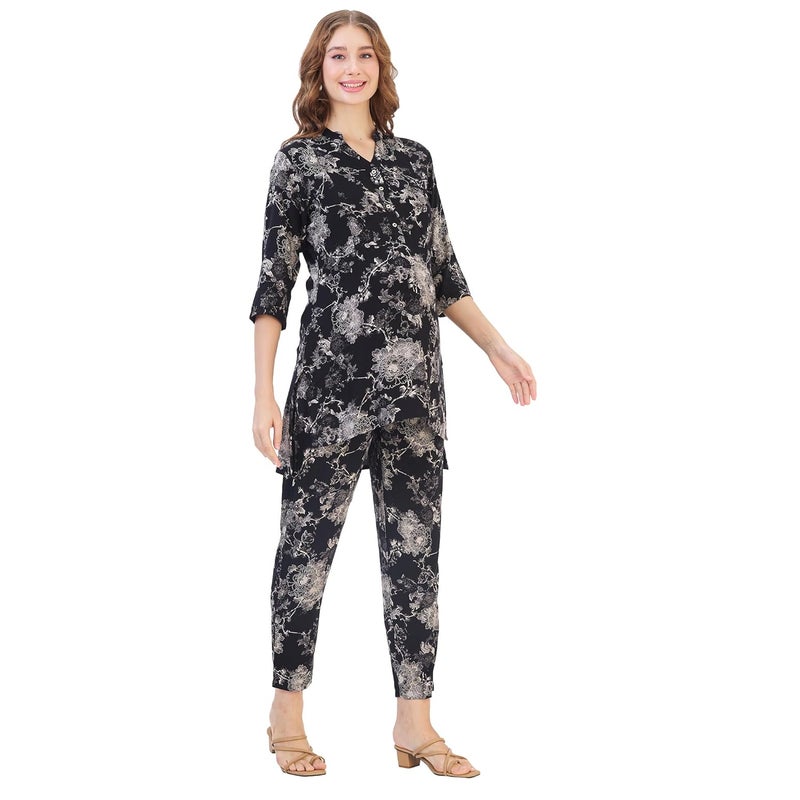 AV2 Store Women Cotton Maternity|Nursing|Feeding Printed Tunic & Bottom Coord Set Black Small 2426 - Image 3