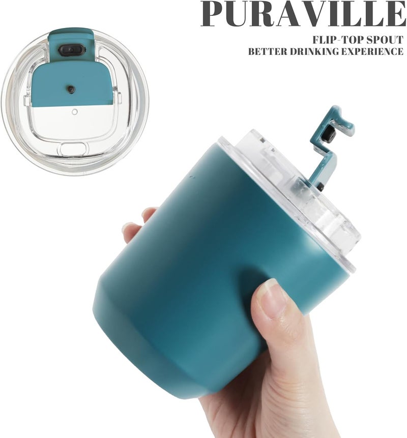 Puraville أكواب بورافيل المعزولة بغطاء، كوب قهوة سفر سعة 10 أونصات من الفولاذ المقاوم للصدأ مفرغ، كوب قهوة مزدوج الجدران مانع للتسرب وقابل لإعادة الاستخدام للمشروبات المثلجة والساخنة، أزرق طاووسي - Image 5