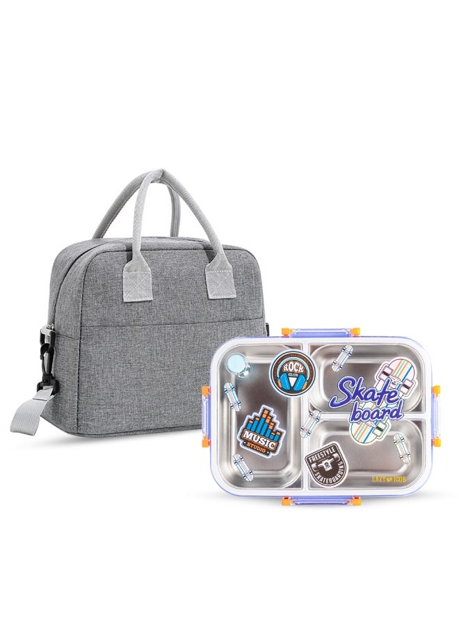 Eazy Kids Eazy Kids 3 Compartment Stainless Steel bento Lunch Box, 800ml w/ Lunch Bag - Skate Board Purple  - Image 1