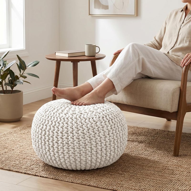 Palisa Round Pouf Ottoman - Ivory, Stuffed Boho Cable Knitted Foot Rest Stool for Couch, Living Room, Outdoor Patio Seat | Hand Woven Chair Pouffs for Kids Bedroom - 20x20x14 Inches - Image 1