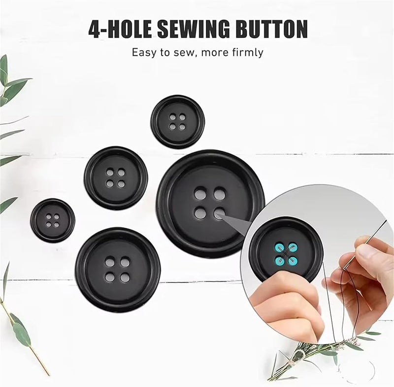 أزرار خياطة من الراتنج الأسود 400 قطعة مختلطة 5 أحجام 4 فتحات للحرف اليدوية لتزيين الملابس - Image 5