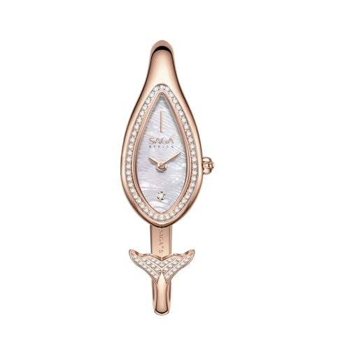 SAGA Mermaid Luxury Cuff Watch for Women Swiss Ronda Movement Danube Crystal Teardrop Case MotherofPearl Dial 3ATM Water Resistant Elegant Jewelry Gift for Slender Wrists - Image 1