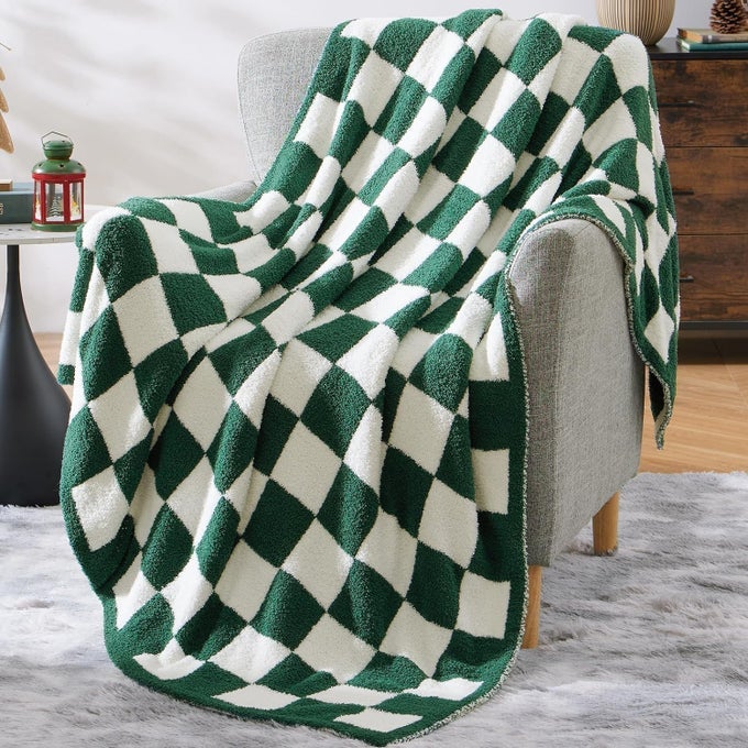 CHECKERED THROW BLANKET AVOCADO GREEN SOFT COZY FLUFFY WARM HAND MADE THROW BLANKETS FOR COUCH SOFA CHAIR BED CAMPING PICNIC TRAVEL LIGHTWEIGHT BED BLANKET 5070