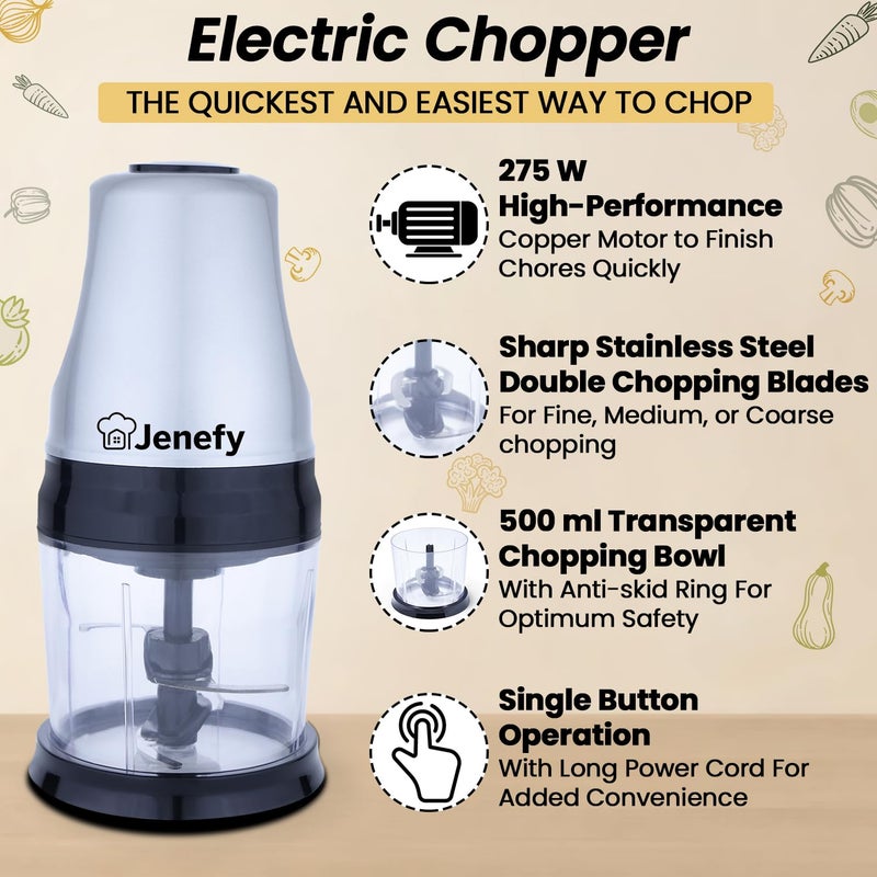 Jenefy Electric Vegetable Chopper for Kitchen 500 ml Bowl Copper Motor 275 Watts For Chop Mince Puree Whisk 4 Bi Level Stainless steel Blade for Chopping Vegetable and Fruits Grey - Image 2