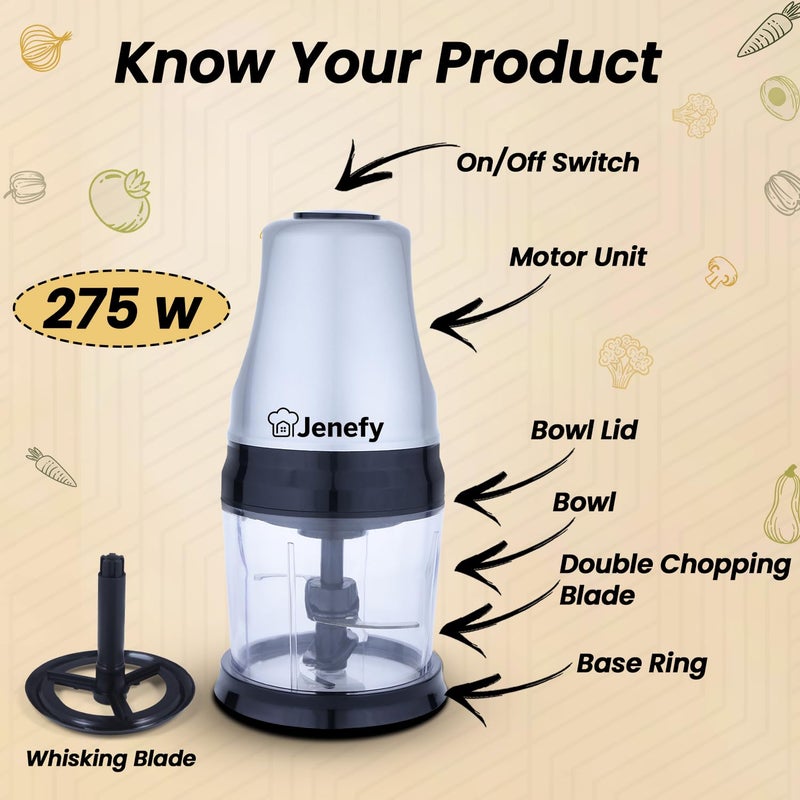 Jenefy Electric Vegetable Chopper for Kitchen 500 ml Bowl Copper Motor 275 Watts For Chop Mince Puree Whisk 4 Bi Level Stainless steel Blade for Chopping Vegetable and Fruits Grey - Image 3